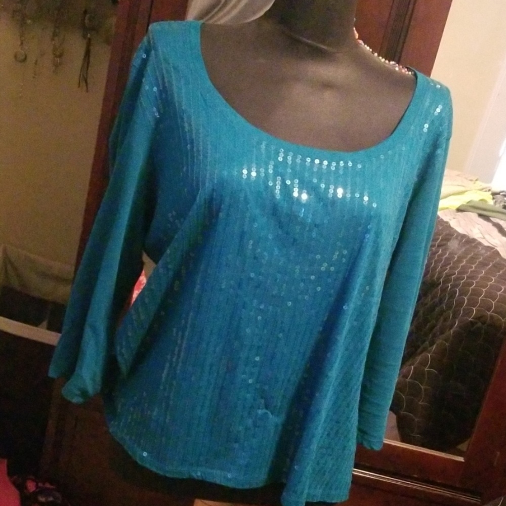 Turquoise Sequin 3/4 length Top